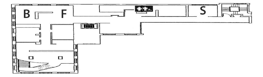 2nd floor map showing the locations of the Bioengineering (B), Forensics (F), and Salvia (S) exhibits